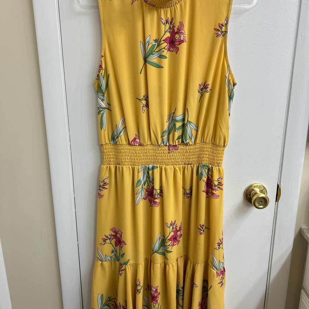 Nanette Lepore Lemon Pink Print Dress Size 14 Mock Neck Elastic Waist Floral